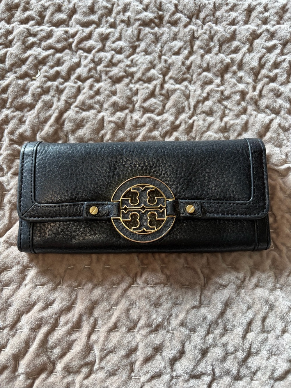 Tory Burch Black Leather Wallet with Gold Logo